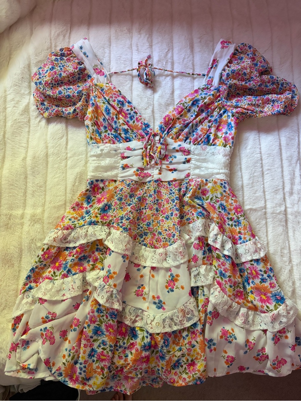 Altar'd State White Floral Tiered Dress with Pink & Blue Blooms